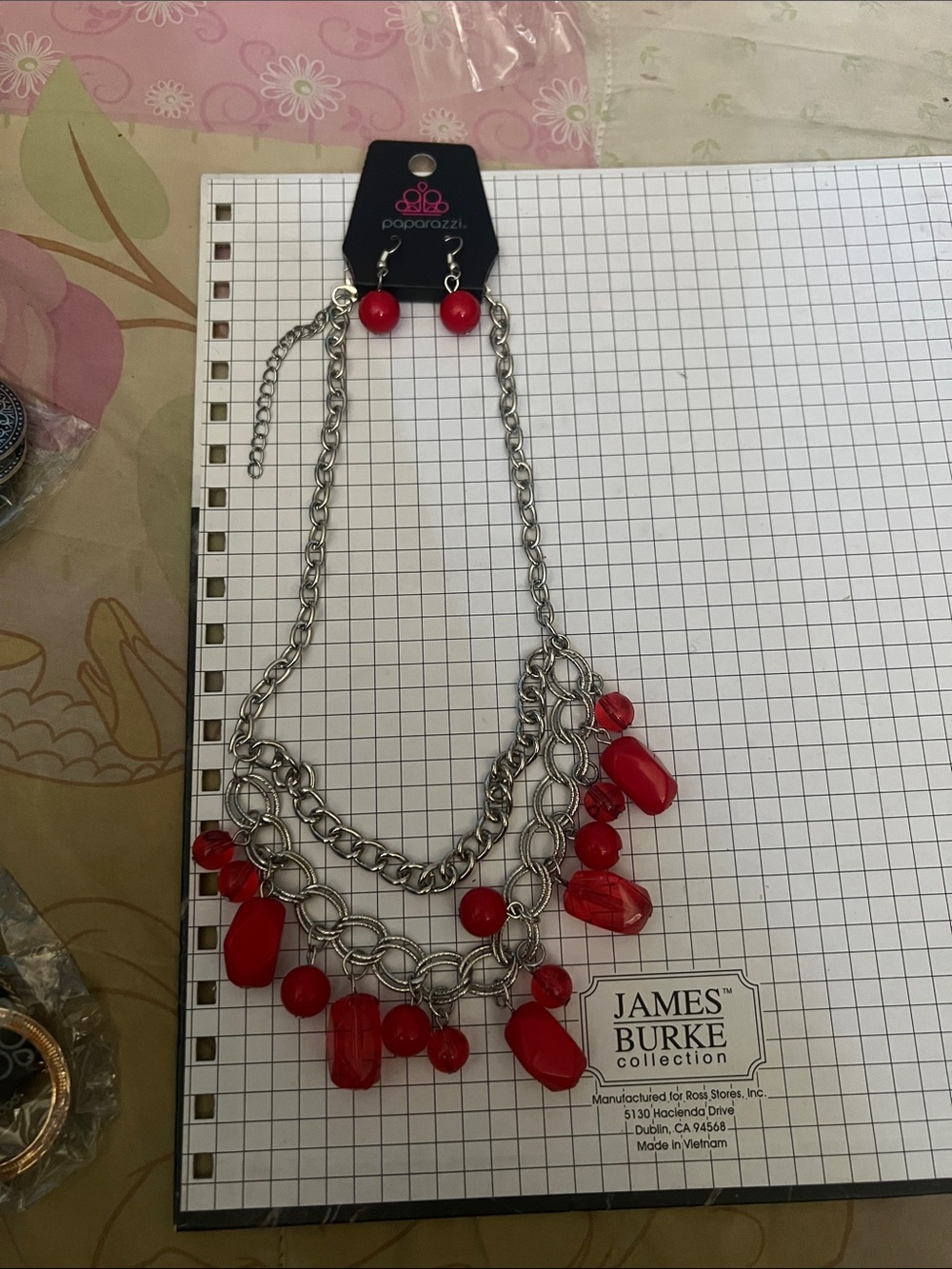 paparazzi Red Multi-Bead Layered Silver Chain Necklace with Matching Studs